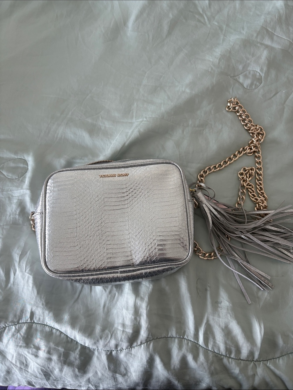 Victoria's Secret Silver Metallic Crossbody with Tassel Chain